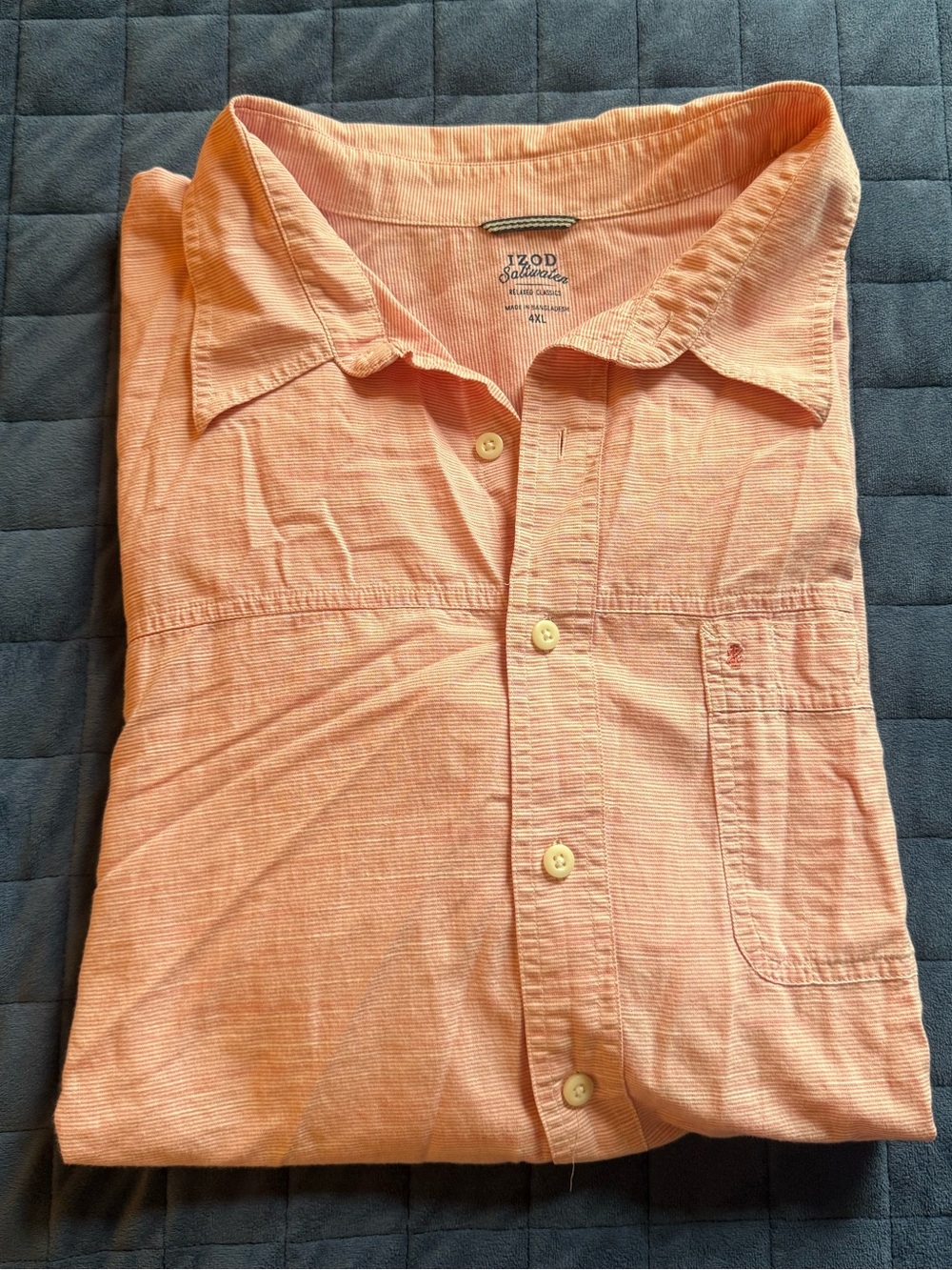 Izod Salmon- White striped Short-Sleeve Button-Down Boat Shirt